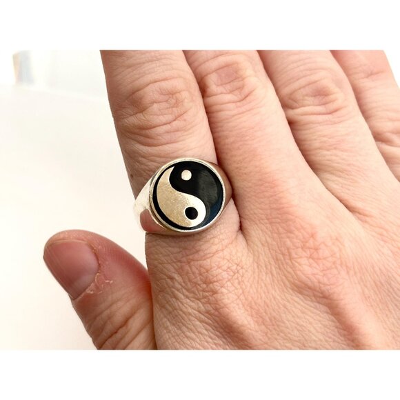 Yin Yang Chunky Signet Flat Top Statement 925 Sterling Silver Vintage Ring - Picture 8 of 12